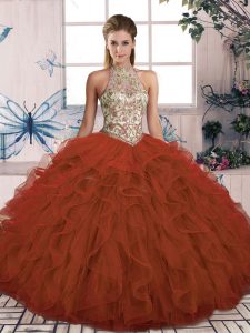 Admirable Rust Red Halter Top Lace Up Beading and Ruffles Quinceanera Gowns Sleeveless