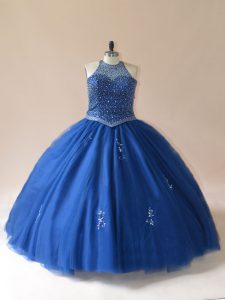 Spectacular Blue Ball Gowns Tulle Scoop Sleeveless Beading Floor Length Lace Up Quinceanera Gowns