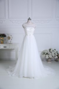 Modest Cap Sleeves Beading and Belt Lace Up Wedding Gown with White Brush Train