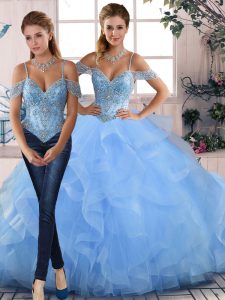 Beautiful Blue Quince Ball Gowns Sweet 16 and Quinceanera with Beading and Ruffles Off The Shoulder Sleeveless Lace Up