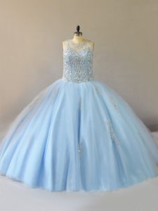 Customized Light Blue Scoop Neckline Beading Quince Ball Gowns Sleeveless Lace Up