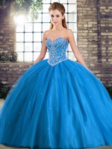 Top Selling Baby Blue Sweetheart Lace Up Beading Ball Gown Prom Dress Brush Train Sleeveless