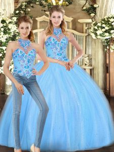 Floor Length Two Pieces Sleeveless Baby Blue Quinceanera Dress Lace Up