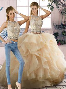 Tulle Scoop Sleeveless Zipper Beading and Ruffles Sweet 16 Dresses in Champagne