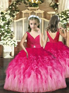 Trendy Tulle Sleeveless Floor Length Kids Formal Wear and Beading and Ruffles
