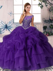 High Quality Purple Quinceanera Gown Scoop Sleeveless Brush Train Zipper
