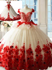 White And Red Zipper Scoop Hand Made Flower Quinceanera Gown Tulle Sleeveless Brush Train