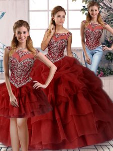 Wine Red Three Pieces Organza Scoop Sleeveless Beading and Pick Ups Zipper Ball Gown Prom Dress Brush Train