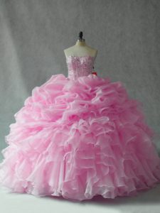 Fitting Baby Pink Sleeveless Brush Train Beading and Ruffles and Pick Ups Sweet 16 Dress