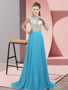 Aqua Blue Sleeveless Chiffon Brush Train Backless Prom Party Dress for Prom and Party