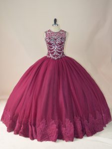 Traditional Burgundy Long Sleeves Floor Length Beading and Appliques Lace Up Quince Ball Gowns