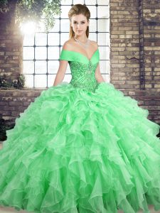 Apple Green Organza Lace Up Off The Shoulder Sleeveless Quinceanera Gown Brush Train Beading and Ruffles