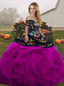 High Class Black And Purple Ball Gowns Off The Shoulder Sleeveless Tulle Floor Length Lace Up Embroidery and Ruffles Ball Gown Prom Dress