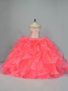 Watermelon Red Ball Gowns Organza Off The Shoulder Sleeveless Beading and Ruffles Lace Up Quinceanera Gown
