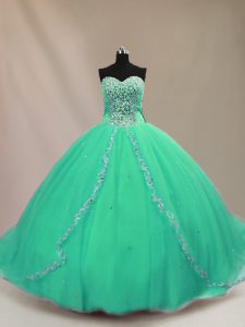 Luxurious Turquoise Ball Gowns Sweetheart Sleeveless Tulle Court Train Lace Up Beading 15 Quinceanera Dress