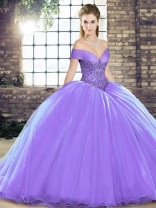 Clearance Ball Gowns Sleeveless Lavender Vestidos de Quinceanera Brush Train Lace Up