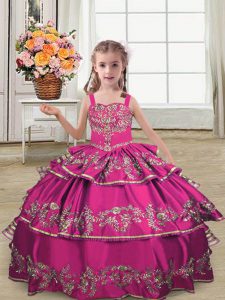 Straps Sleeveless Lace Up Little Girl Pageant Dress Fuchsia Satin