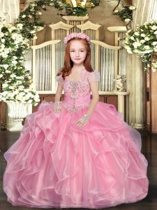 Glorious Baby Pink Lace Up Straps Beading Custom Made Pageant Dress Organza Sleeveless