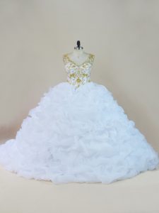 Custom Made Brush Train Ball Gowns Sweet 16 Dresses White V-neck Organza Sleeveless Lace Up