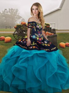 Teal Ball Gowns Embroidery and Ruffles Sweet 16 Quinceanera Dress Lace Up Tulle Sleeveless Floor Length