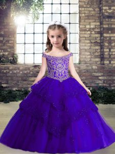 Hot Selling Purple Tulle Lace Up Off The Shoulder Sleeveless Floor Length Little Girl Pageant Gowns Beading and Lace and Appliques