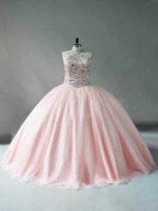 High End Floor Length Pink Quinceanera Dresses Tulle Sleeveless Beading
