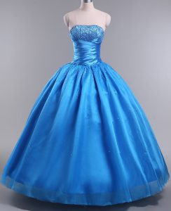Fashionable Blue Lace Up Sweet 16 Dress Beading Sleeveless Floor Length