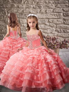 Perfect Watermelon Red Little Girl Pageant Dress Prom and Sweet 16 and Wedding Party with Beading and Ruffled Layers Straps Brush Train Lace Up