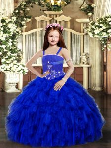 Affordable Royal Blue Ball Gowns Tulle Straps Sleeveless Beading and Ruffles Floor Length Lace Up Girls Pageant Dresses