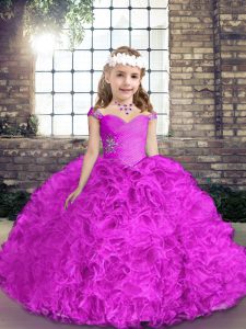 Straps Sleeveless Fabric With Rolling Flowers Glitz Pageant Dress Beading Lace Up