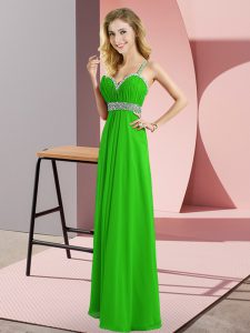 Hot Selling Green Empire Beading Homecoming Dresses Criss Cross Chiffon Sleeveless Floor Length