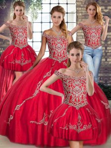 Fitting Red Tulle Lace Up Off The Shoulder Sleeveless Floor Length 15th Birthday Dress Beading and Embroidery