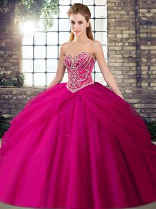 Inexpensive Fuchsia Sleeveless Beading and Pick Ups Lace Up Quinceanera Gown