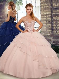 Peach Lace Up Sweetheart Beading and Ruffled Layers Sweet 16 Quinceanera Dress Tulle Sleeveless Brush Train