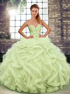 Yellow Green Ball Gowns Sweetheart Sleeveless Tulle Floor Length Lace Up Beading and Ruffles Sweet 16 Dresses