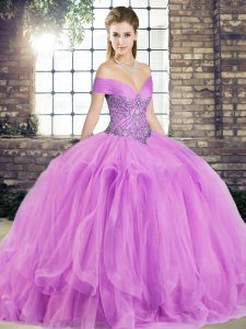 Floor Length Lilac Ball Gown Prom Dress Tulle Sleeveless Beading and Ruffles