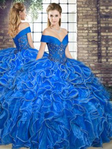 Discount Organza Off The Shoulder Sleeveless Lace Up Beading and Ruffles Sweet 16 Dresses in Royal Blue