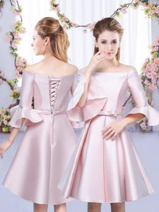 Ideal Baby Pink Bridesmaid Dresses Wedding Party with Bowknot Off The Shoulder 3 4 Length Sleeve Lace Up