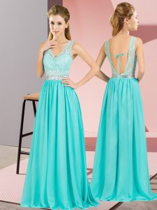 Top Selling Aqua Blue Prom Dresses Prom and Party and Military Ball with Beading and Lace and Appliques V-neck Sleeveless Backless