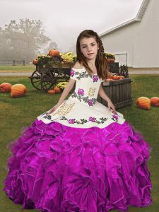 Sleeveless Floor Length Embroidery and Ruffles Lace Up Pageant Dress for Womens with Fuchsia