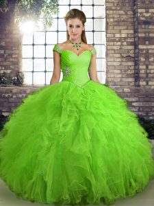 Sleeveless Floor Length Beading and Ruffles Lace Up Quinceanera Gowns with