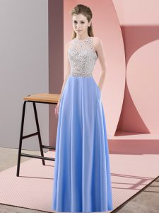 Fine Floor Length Empire Sleeveless Blue Prom Dresses Backless