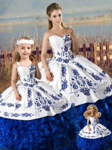 Blue And White Sleeveless Floor Length Embroidery and Ruffles Lace Up 15 Quinceanera Dress