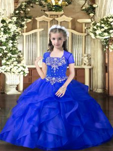 Royal Blue Tulle Lace Up Girls Pageant Dresses Sleeveless Floor Length Beading and Ruffles