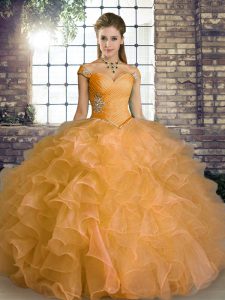 Floor Length Lace Up Quinceanera Dress Orange for Military Ball and Sweet 16 and Quinceanera with Beading and Ruffles