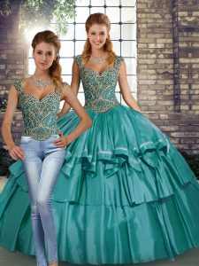 Dramatic Straps Sleeveless Quinceanera Gowns Floor Length Beading and Ruffled Layers Teal Taffeta