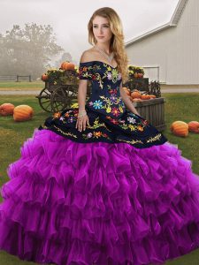 Luxury Off The Shoulder Sleeveless 15 Quinceanera Dress Floor Length Embroidery and Ruffled Layers Black And Purple Organza