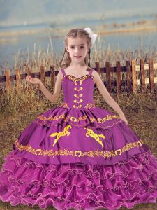 Floor Length Fuchsia Kids Pageant Dress Straps Sleeveless Lace Up