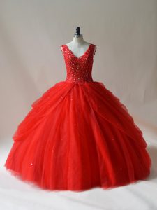 Discount Floor Length Red Sweet 16 Dress Tulle Sleeveless Beading