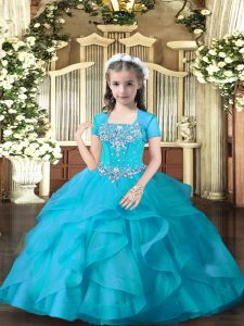 Glorious Floor Length Ball Gowns Sleeveless Aqua Blue Pageant Dress for Teens Lace Up